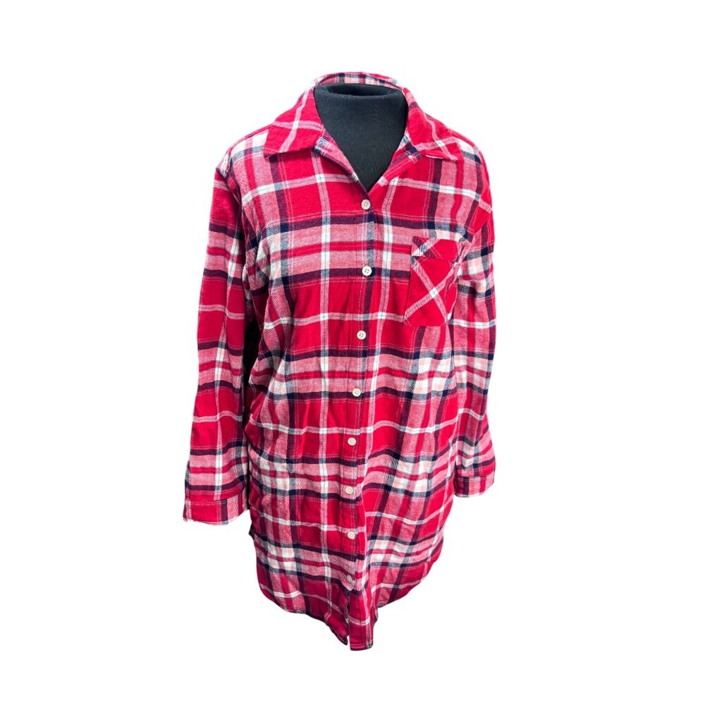 Sonoma Womens Red Plaid Button-Down Sleep Shirt M Long Sleeve Soft Flannel